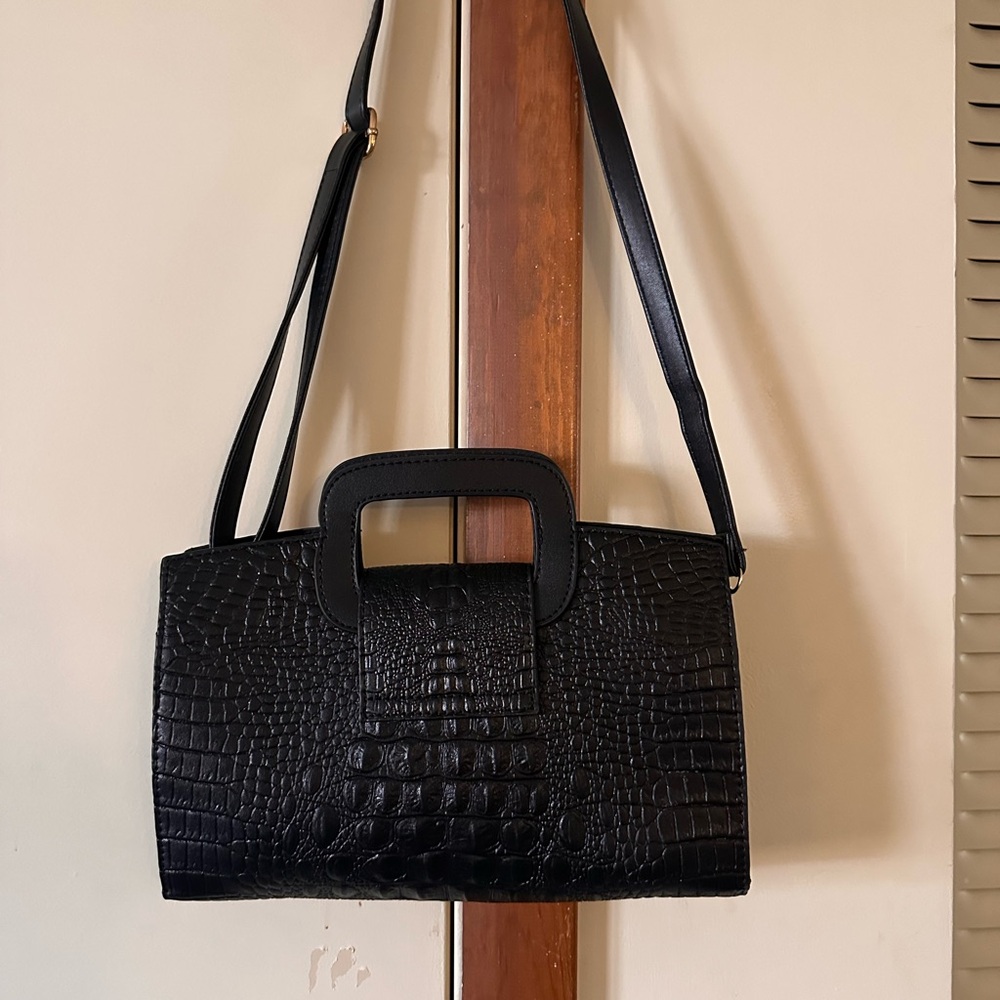 Black Croc-Embossed Shoulder Bag with Top Handle - Picture 8 of 8